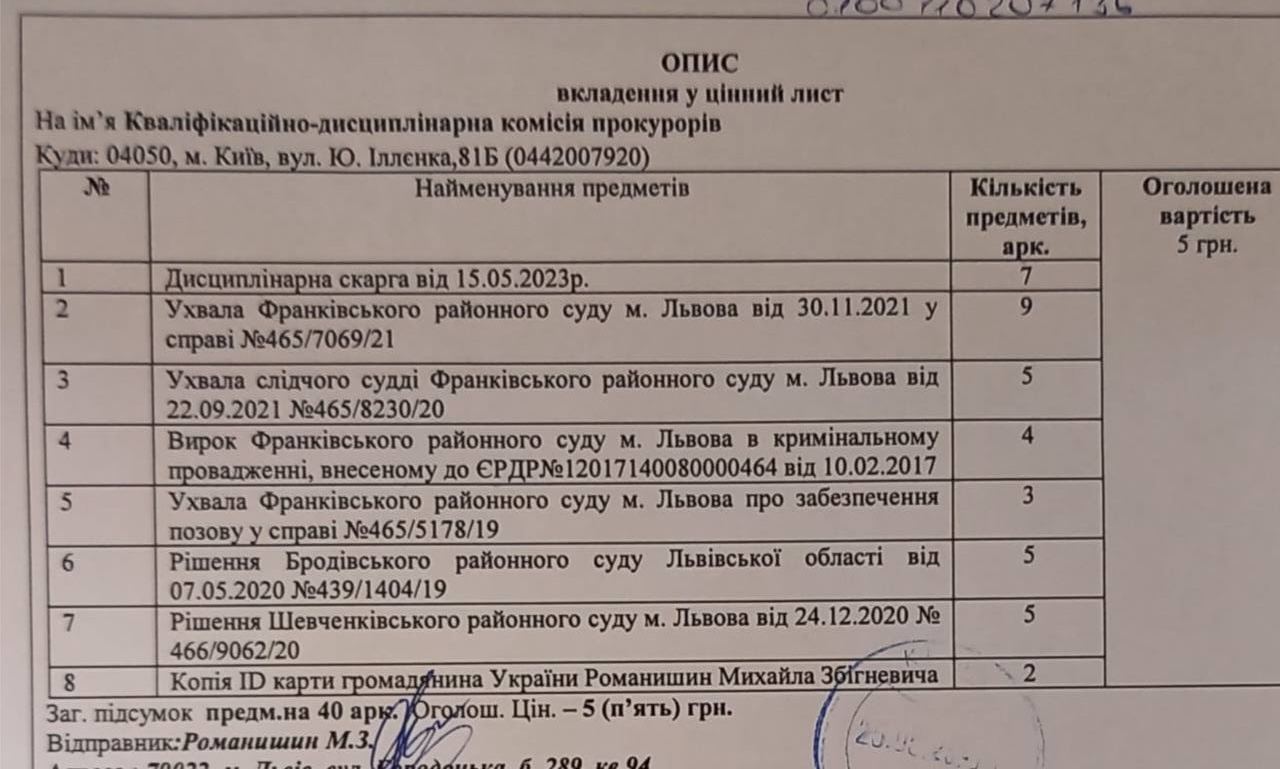 Акт про смерть львів’янина Михайла Збігневича та дисциплінарна скарга на прокурора Садлівського за його підписом